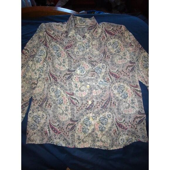 5/$25 EUC Sz 10P Womens Blue Pink Ruffle Neck Blouse Sheer Collared Paisley - Picture 7 of 8